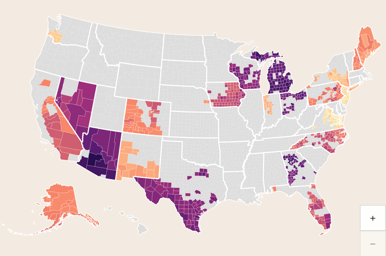 Map of the United States showing county-level election risk by color, with darker areas indicating greater need